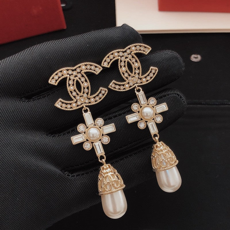 18K Chanel Diamond Cross Pearl Drop Earrings