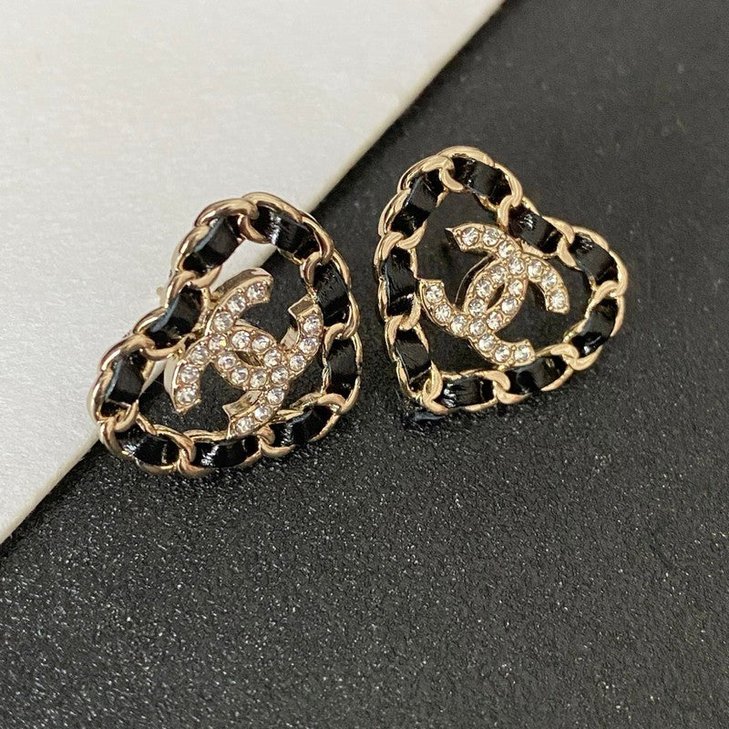 18K Chanel Black Leather Heart Gold Earrings