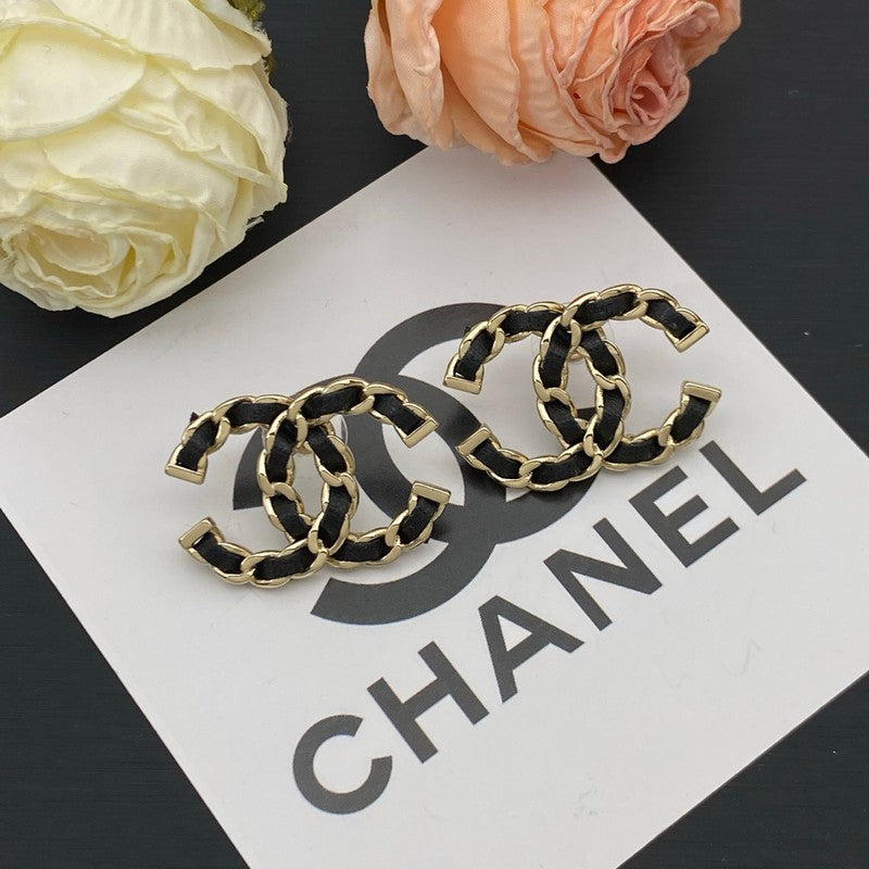 18K Chanel Black Leather Gold Earrings