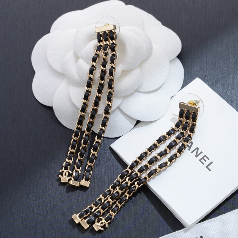 18K Chanel Black Leather Chain Gold Earrings