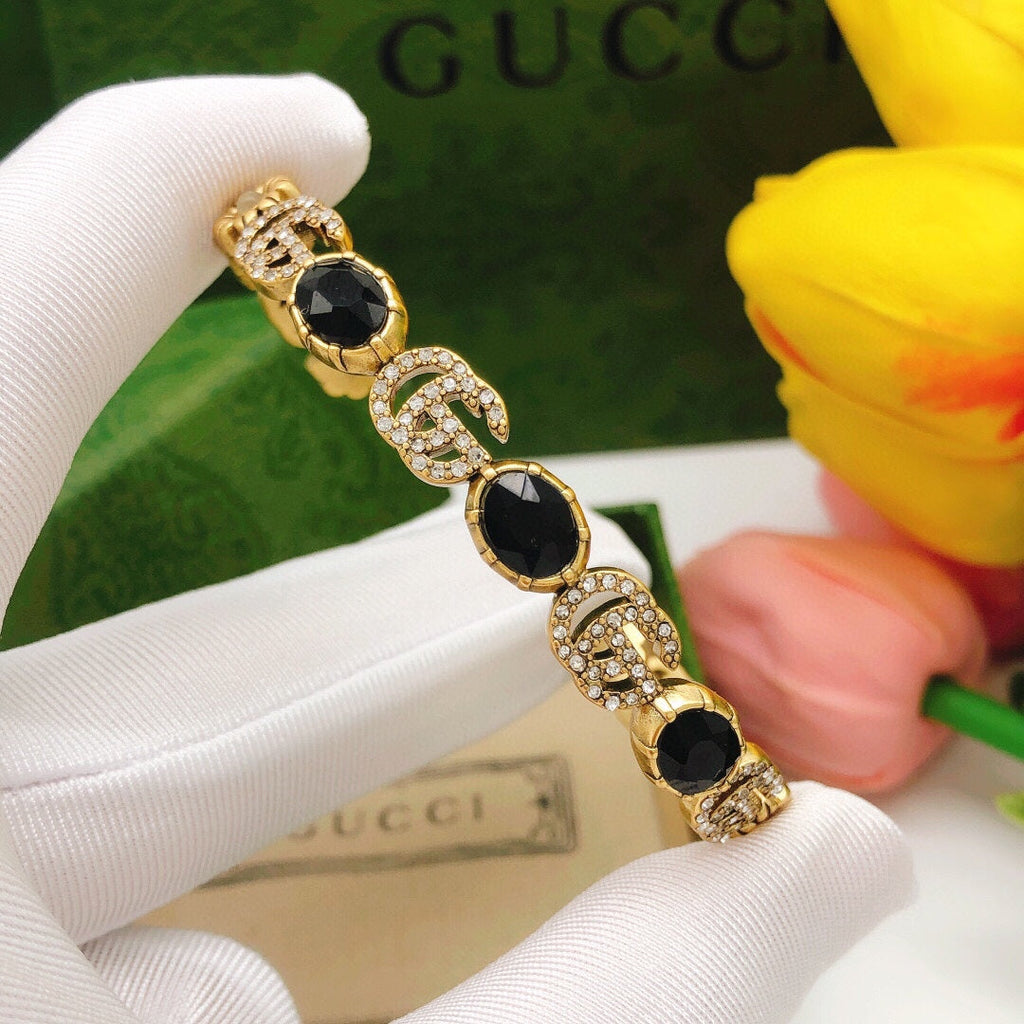 18K Gucci Flowers Black Crystals Open Cuff Bracelet