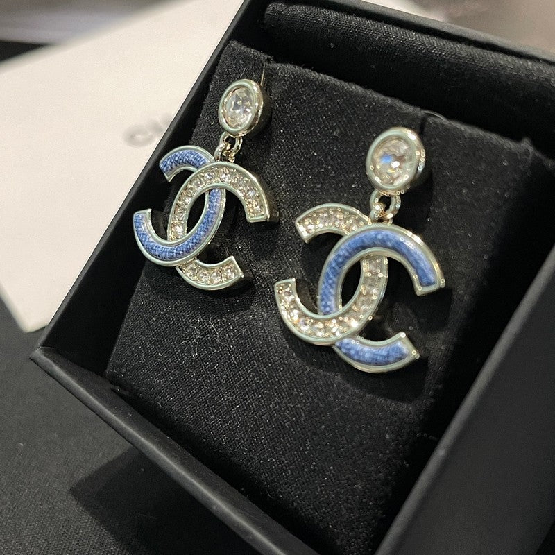 18K Chanel Blue Diamond Pendant Gold Earrings