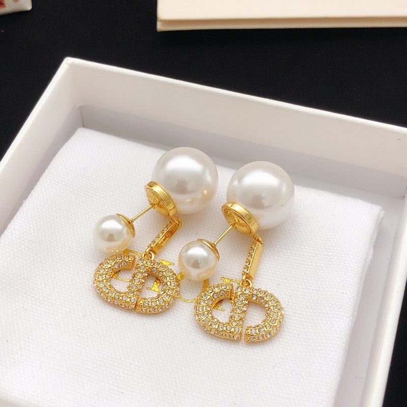18K Dior Pave Diamond Pearl Earrings