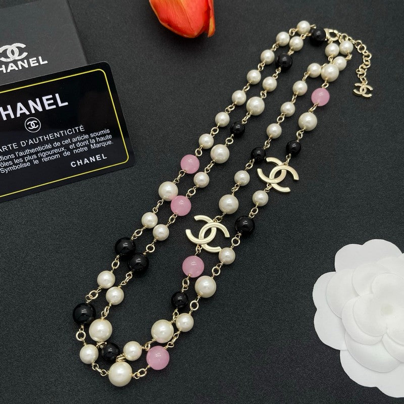 18K Chanel Black & Pink Bead Long Necklace