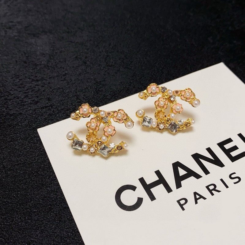 18K Chanel Pink Camellia Pearl & Gold Earrings