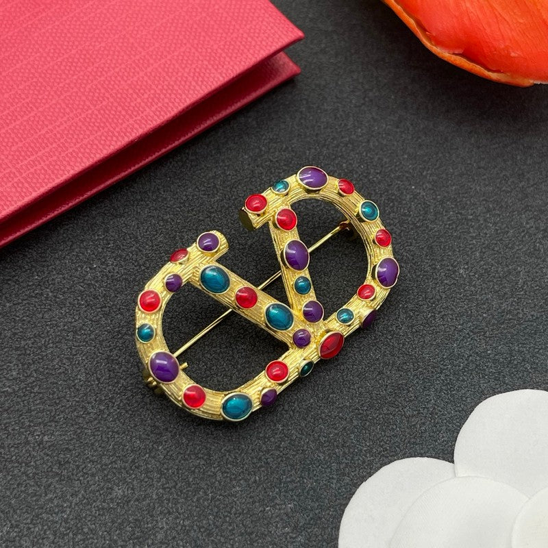 18K Valentino Vlogo Color Crystal Brooch
