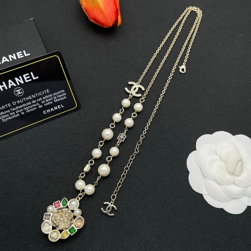 18K Chanel Color Crystal Pearl Chain Necklace