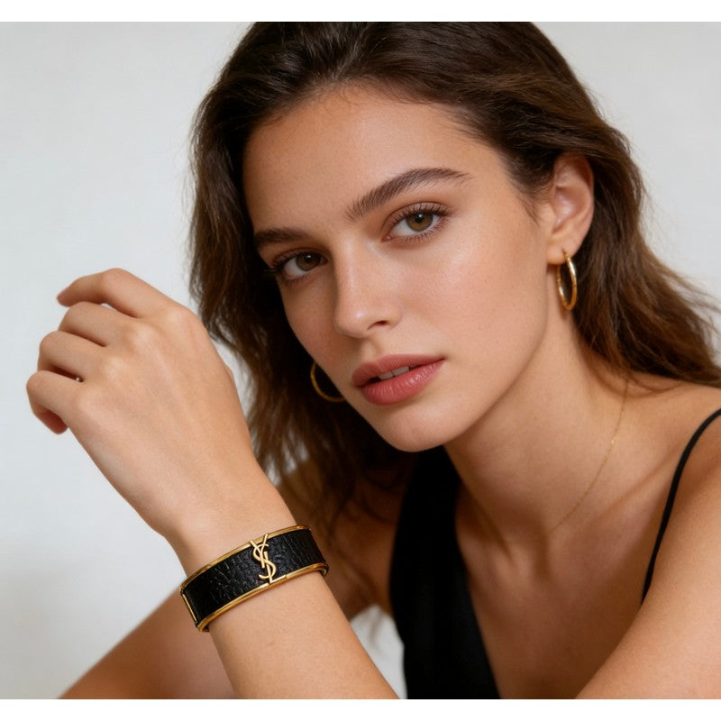 18K YSL Black Leather Gold Bracelet
