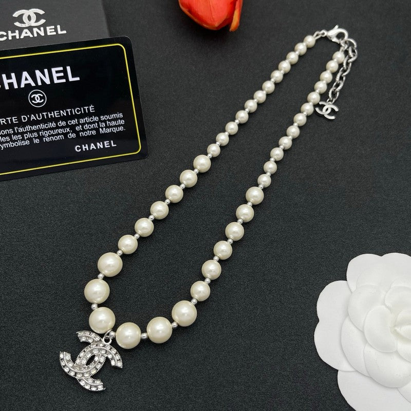 18K Chanel Pearl Diamond Logo Necklace