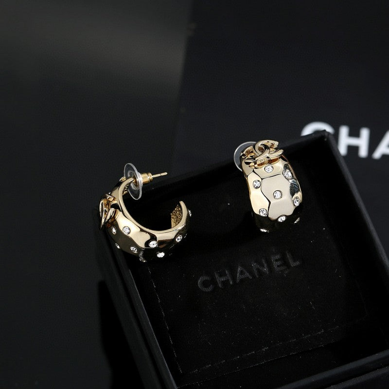 18K Chanel Half Circle Diamond Gold Earrings