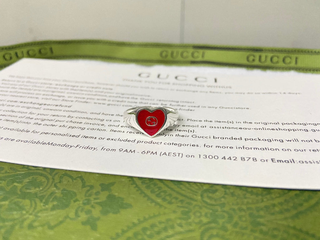 Gucci Interlocking G Red Enamel Heart Ring