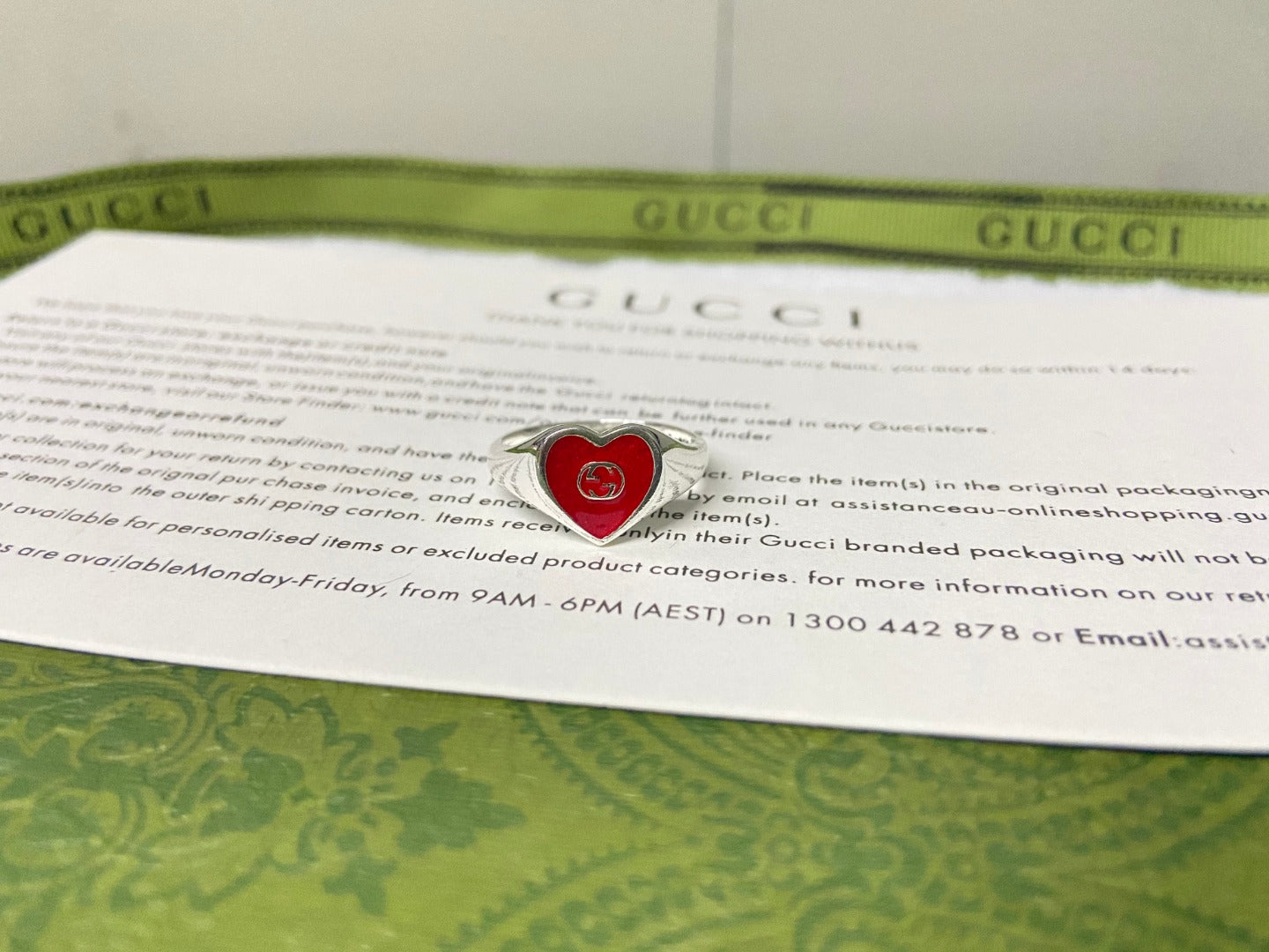 Gucci Interlocking G Red Enamel Heart Ring