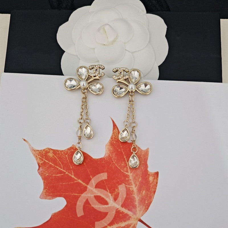 18K Chanel Crystal Gold Pendant Earrings