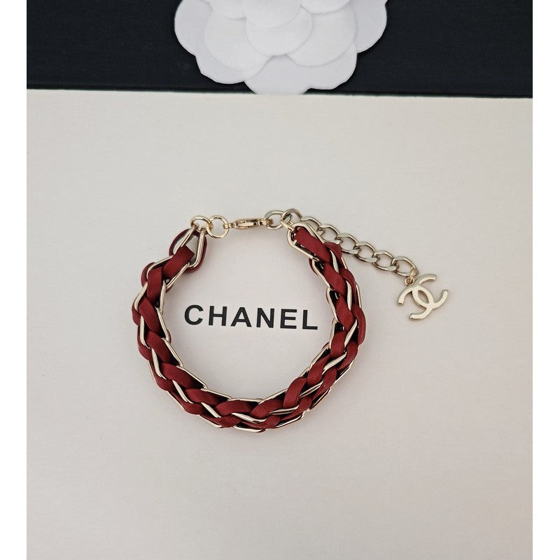 18K Chanel Red Leather Gold Chain Bracelet