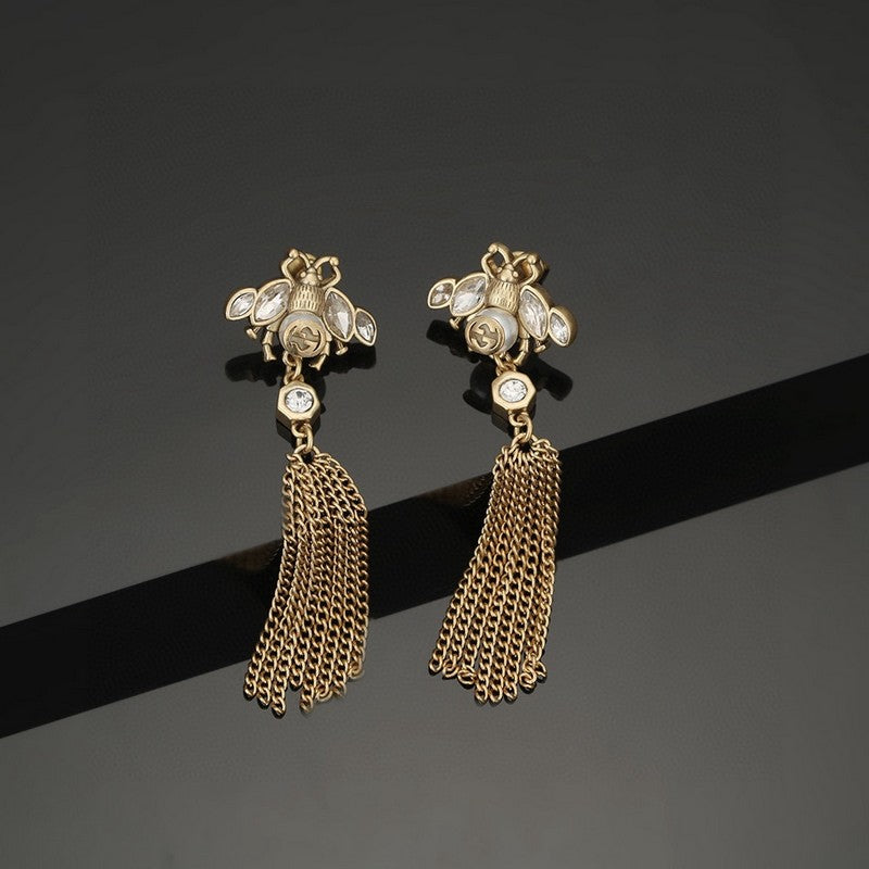 18K Gucci Bee Tassel Crystal Earrings