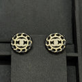 18K Chanel Black Leather Round Earrings