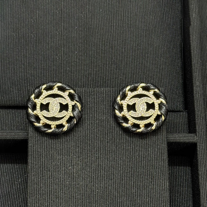 18K Chanel Black Leather Round Earrings