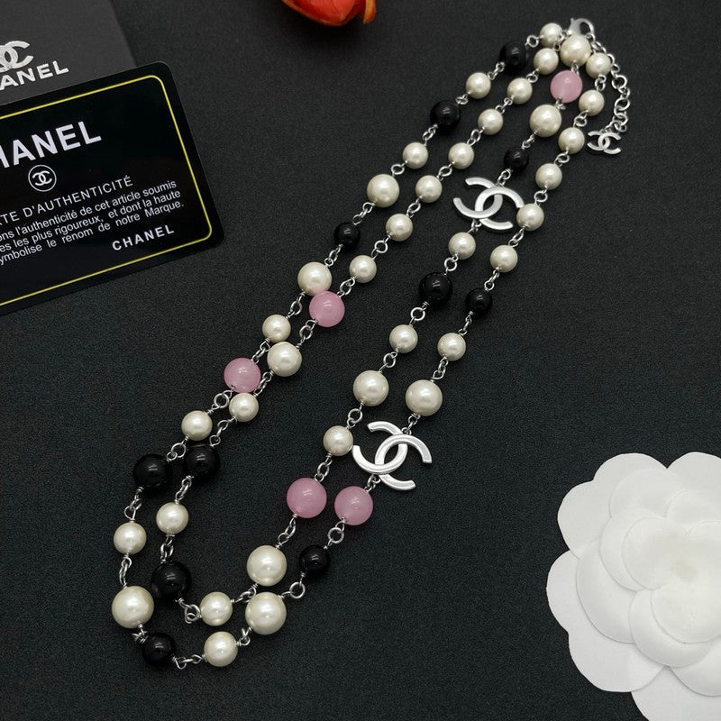 18K Chanel Black & Pink Bead Long Necklace