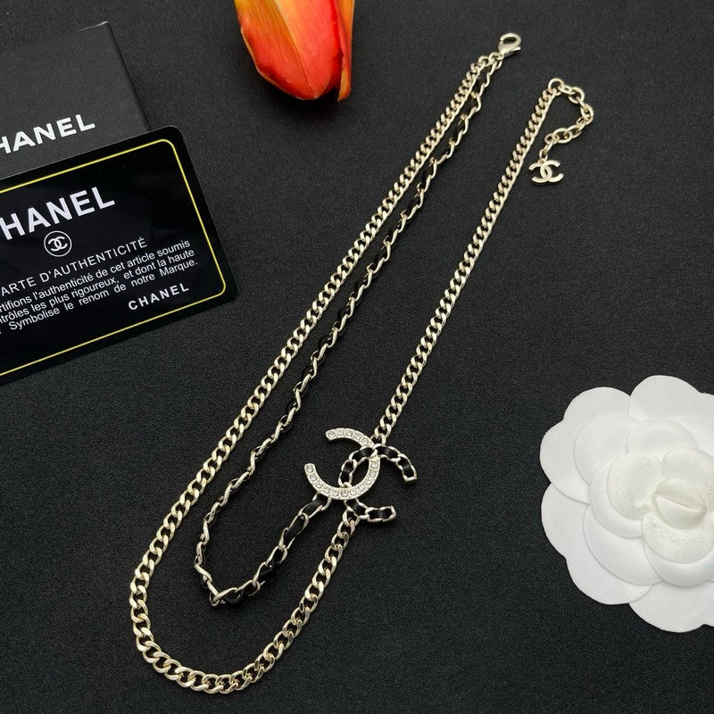 18K Chanel Black Leather Chain Necklace