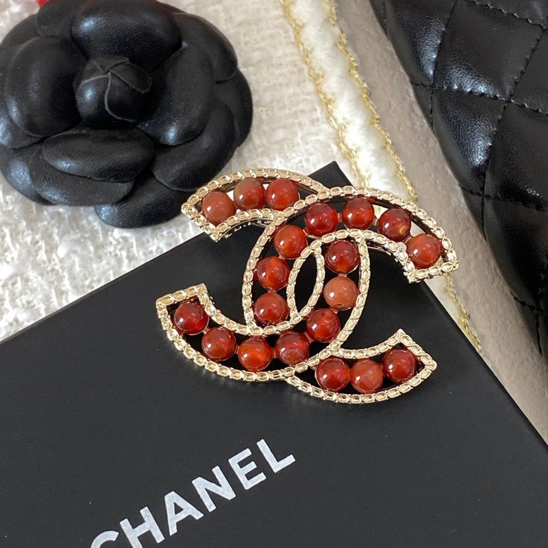 18K Chanel Red & Brown Pearl Gold Brooch
