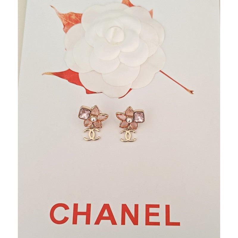 18K Chanel Pink Crystal Flower Drop Earrings