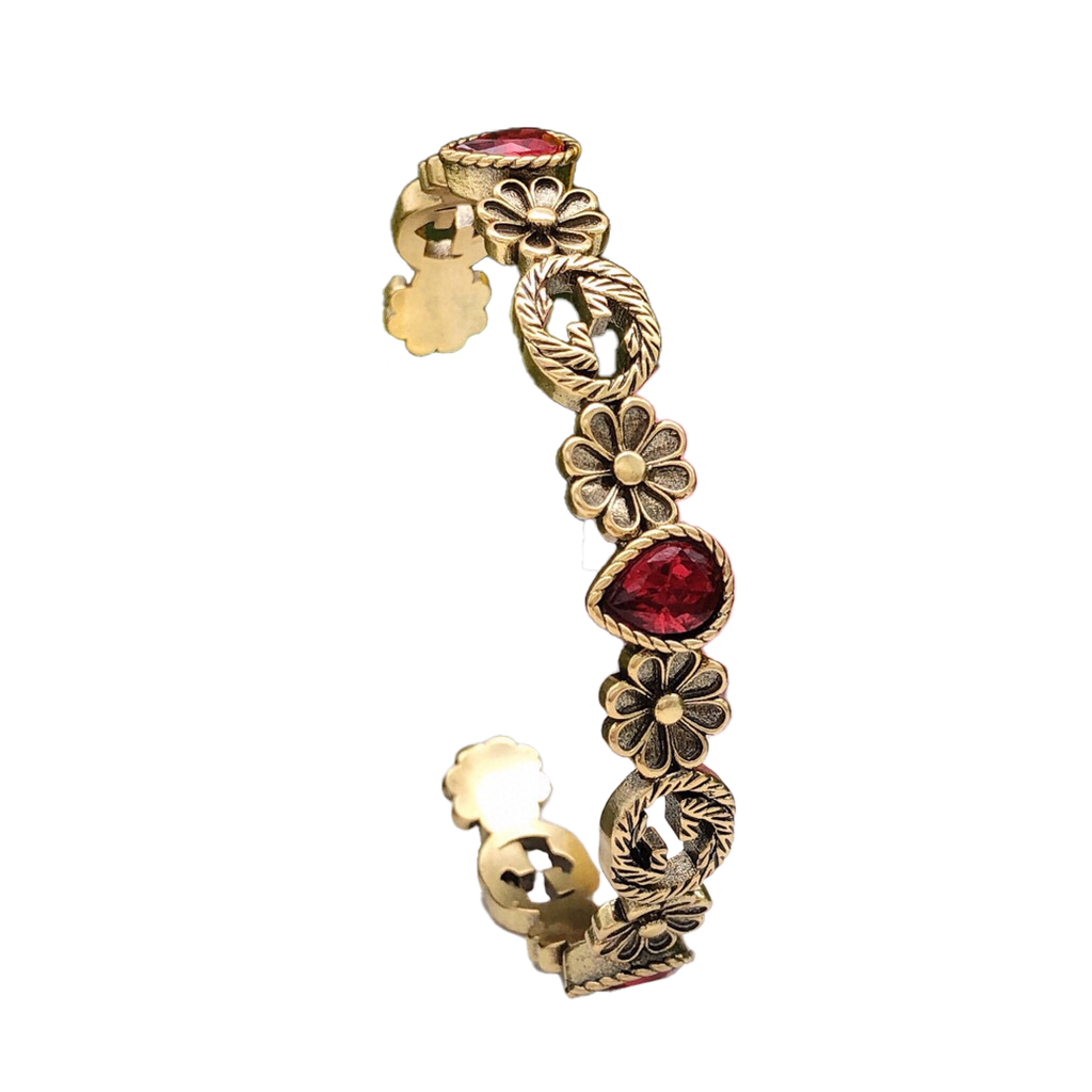18K Gucci Flowers Red Crystals Open Cuff Bracelet