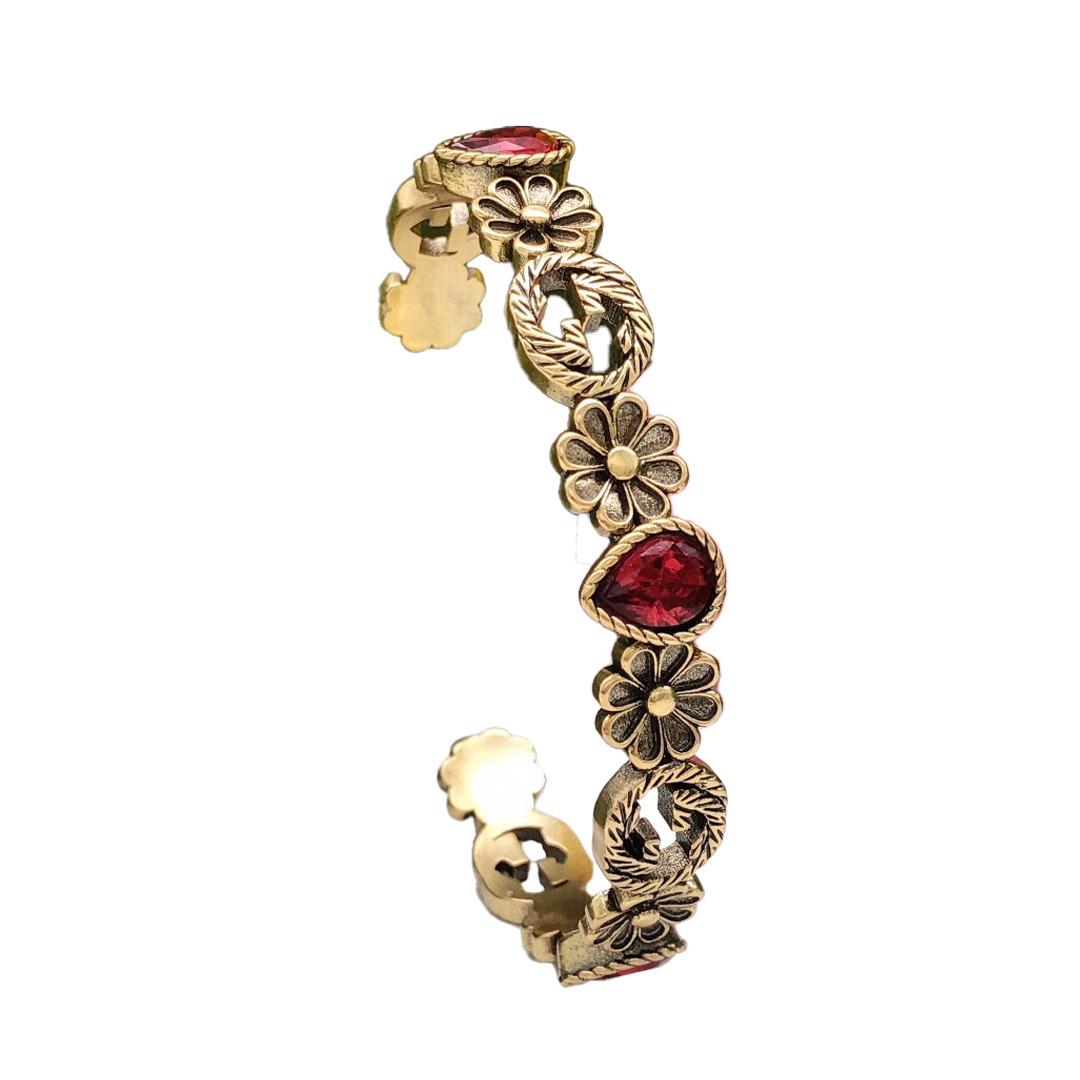 18K Gucci Flowers Red Crystals Open Cuff Bracelet