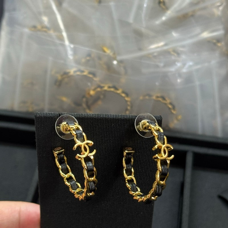 18K Chanel Black Leather Gold Earrings