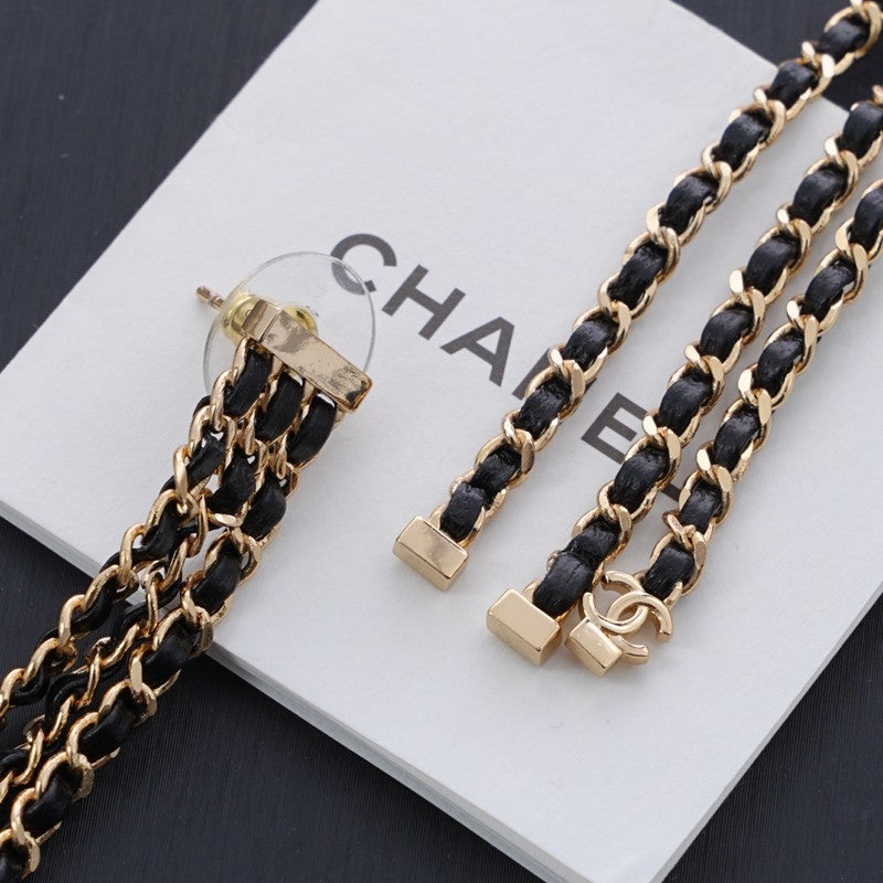 18K Chanel Black Leather Chain Gold Earrings