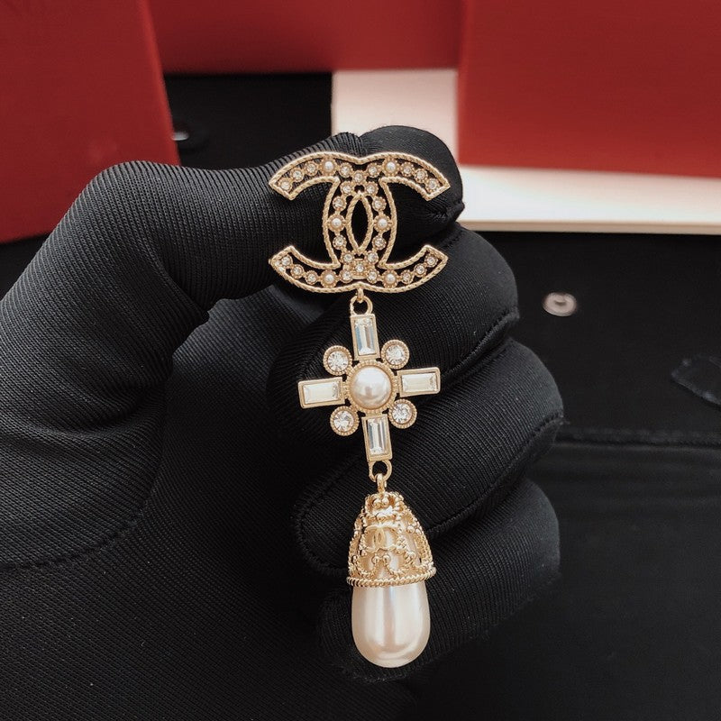 18K Chanel Diamond Cross Pearl Drop Earrings