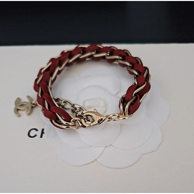 18K Chanel Red Leather Gold Chain Bracelet