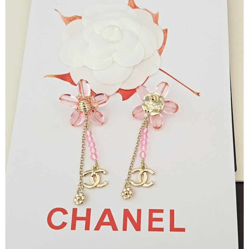 18K Chanel Pink Crystal Flower Gold Earrings