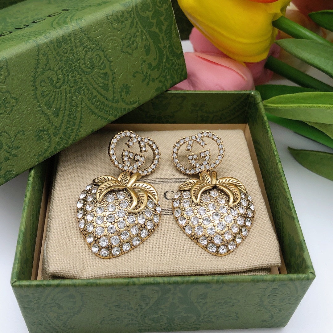 18K Gucci Crystal Strawberry Pendant Earrings