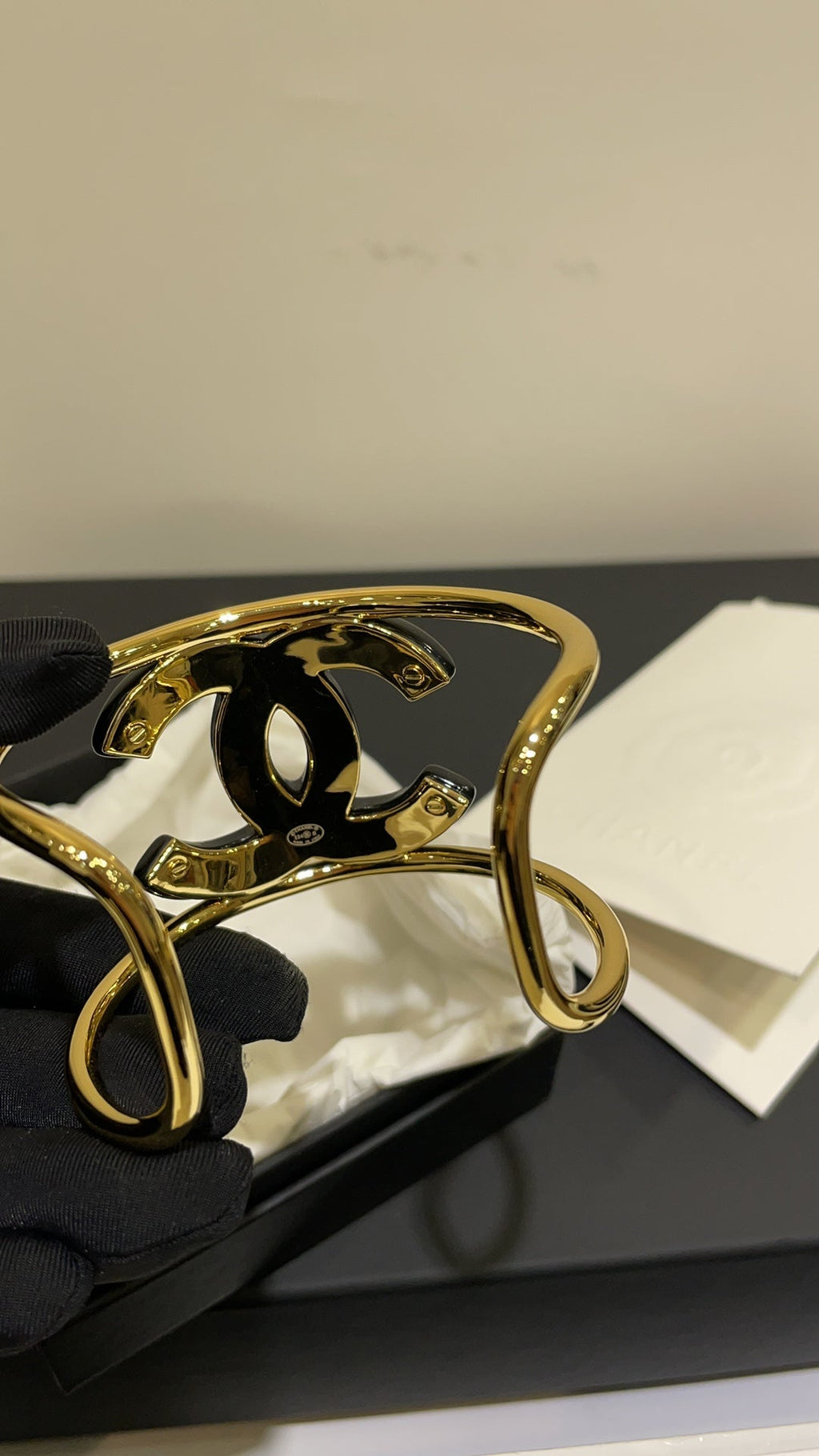 18K Chanel Black Logo Open Cuff Bracelet