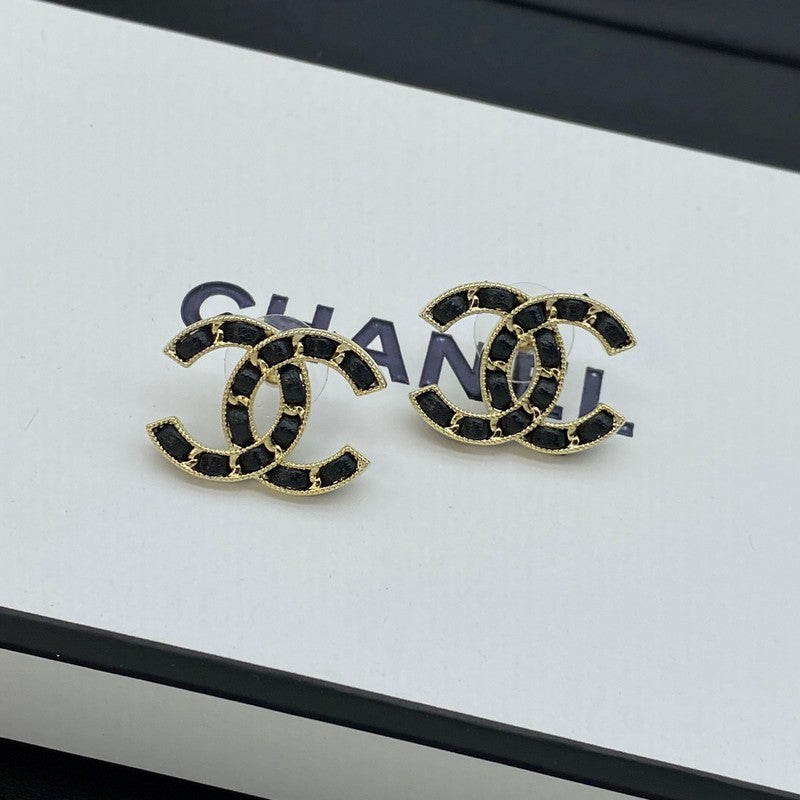 18K Chanel Black Leather Gold Earrings