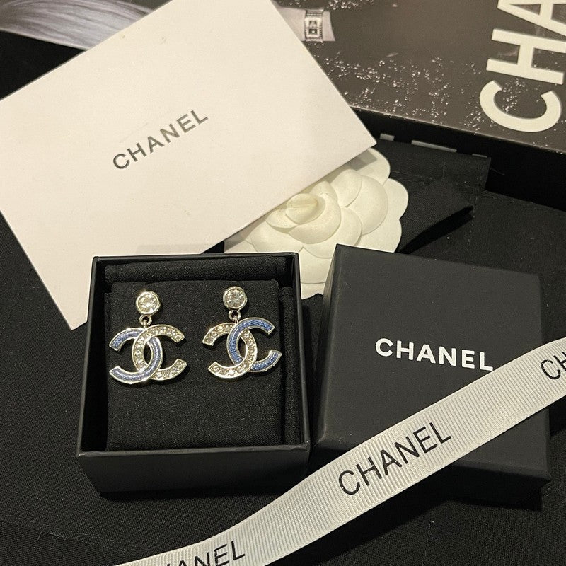 18K Chanel Blue Diamond Pendant Gold Earrings