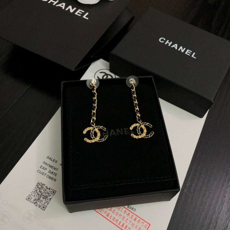 18K Chanel Leather Gold Long Earrings