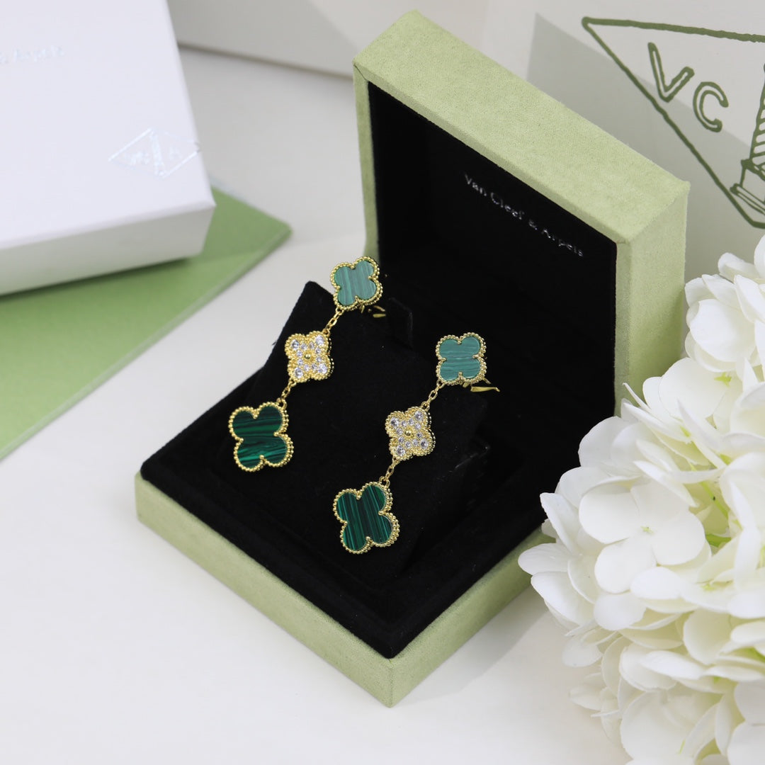 18K Van Cleef & Arpels Magic Alhambra Three Malachite Motifs Clover Earrings