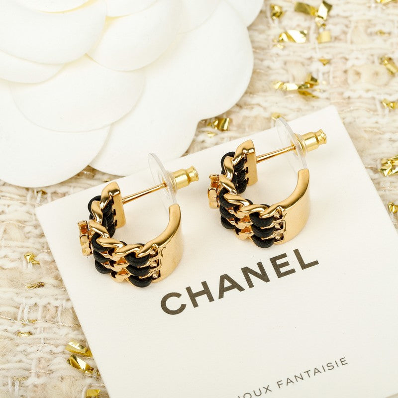 18K Chanel Half Circle Leather Gold Earrings