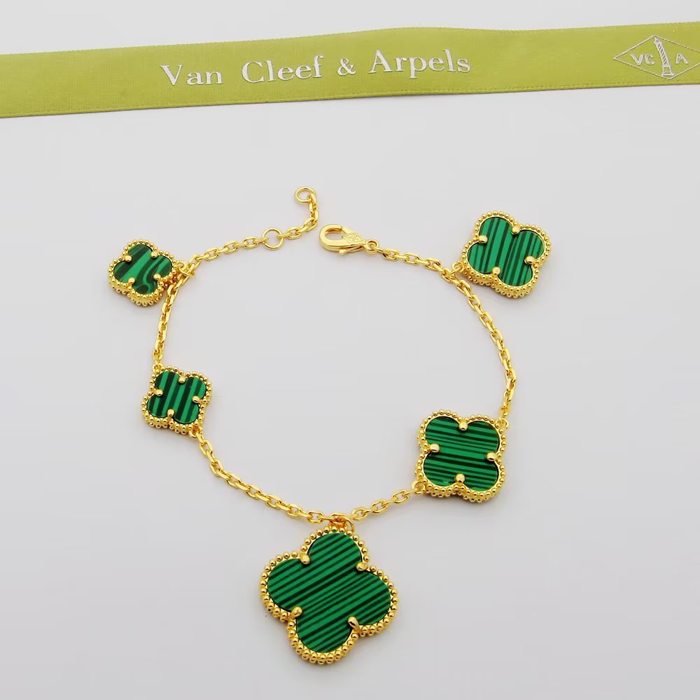 18K Van Cleef & Arpels Magic Alhambra Five Malachite Motifs Clover Bracelet
