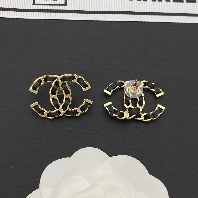 18K Chanel Black Leather Gold Earrings
