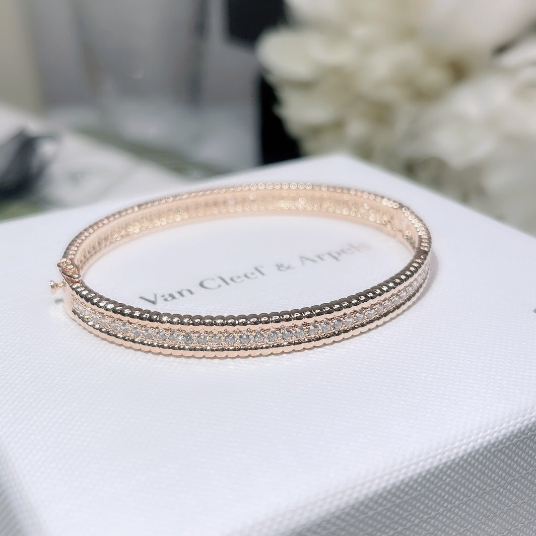 18K Van Cleef & Arpels Rose Gold Perlee Diamonds One Row Bracelet
