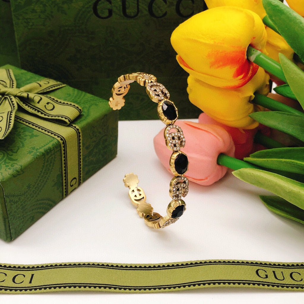 18K Gucci Flowers Black Crystals Open Cuff Bracelet