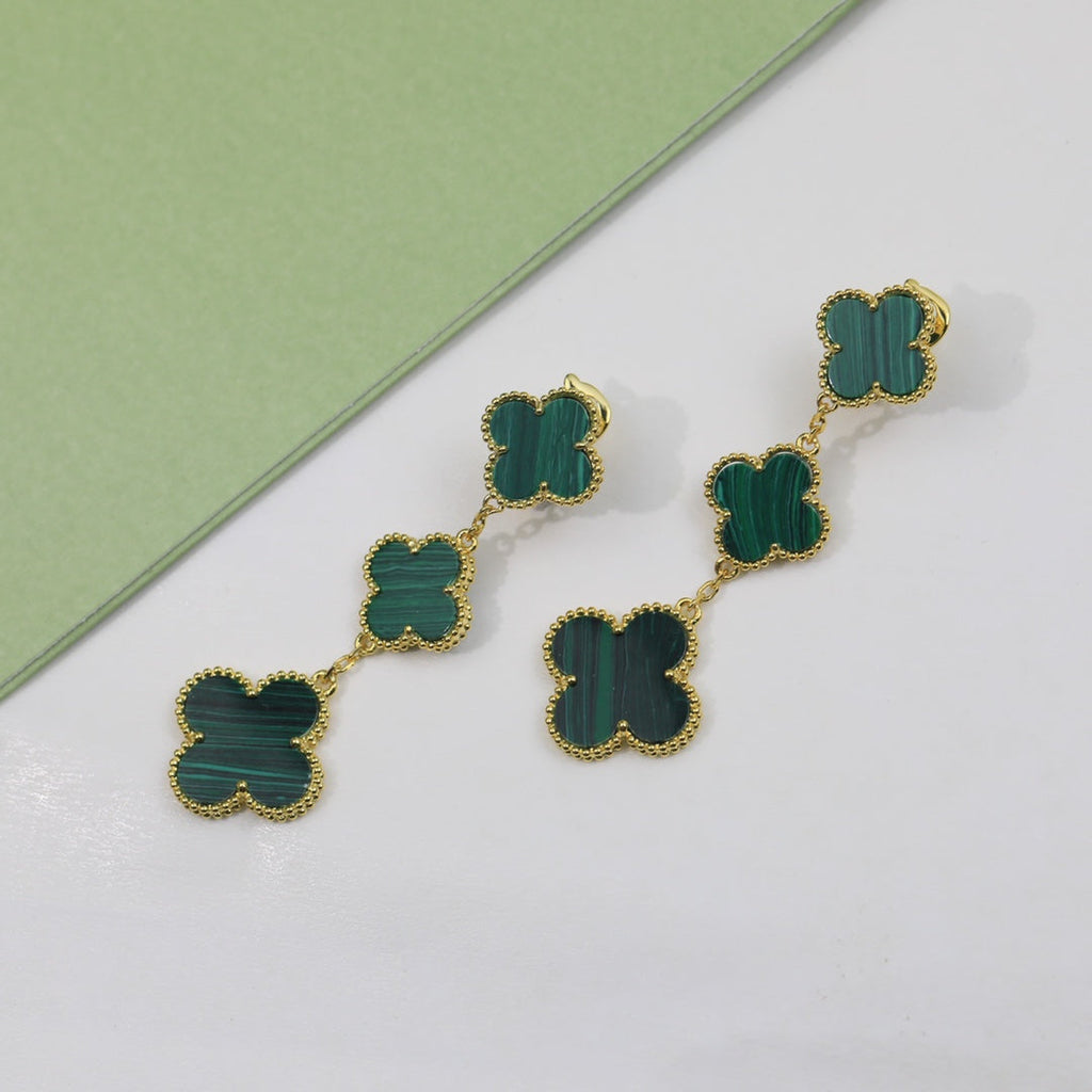 18K Van Cleef & Arpels Magic Alhambra Three Malachite Motifs Clover Earrings