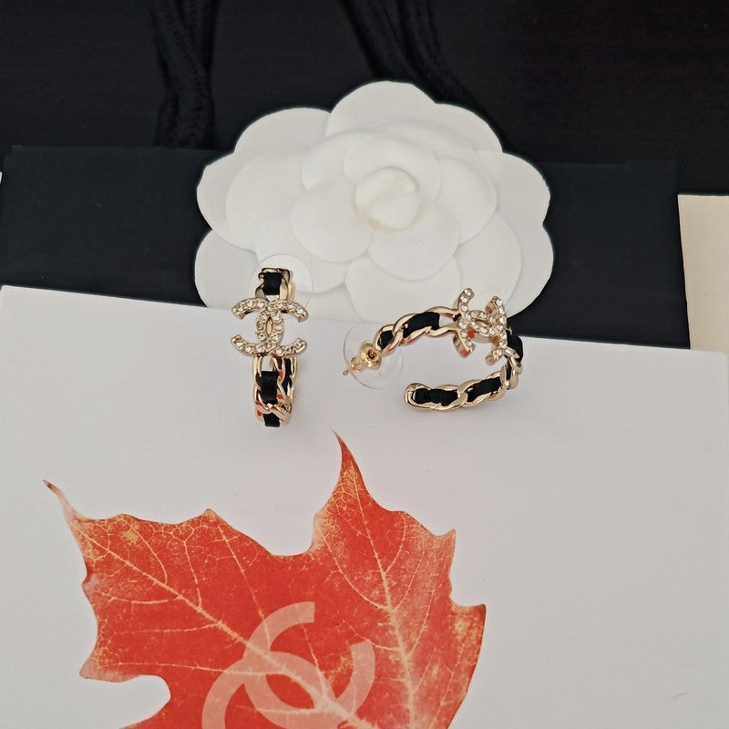 18K Chanel Diamond Cirle Leather Earrings