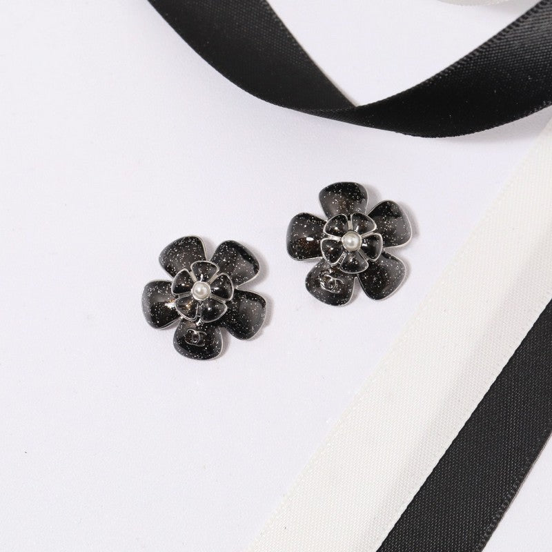 18K Chanel Black & Pink Flower Earrings