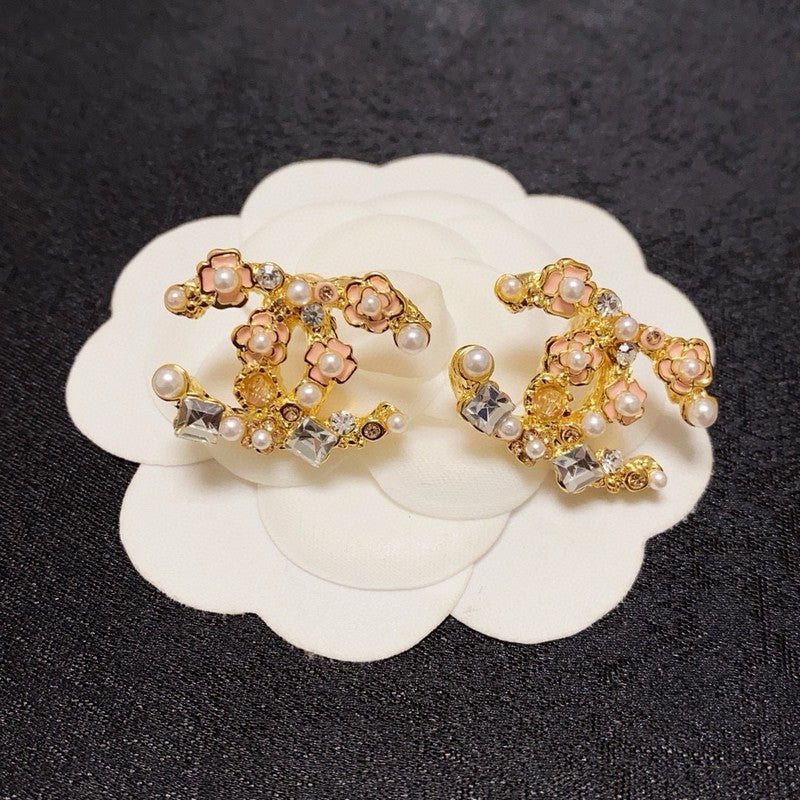 18K Chanel Pink Camellia Pearl & Gold Earrings