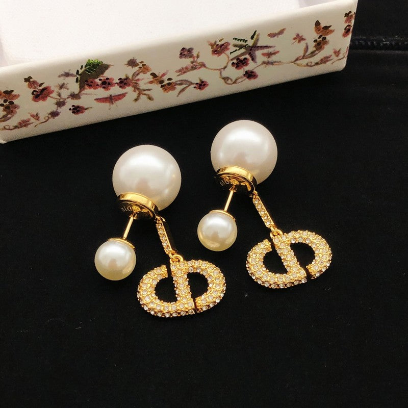 18K Dior Pave Diamond Pearl Earrings