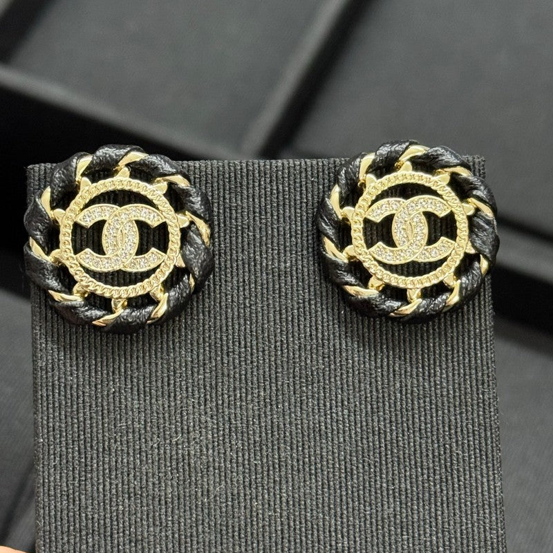 18K Chanel Black Leather Round Earrings