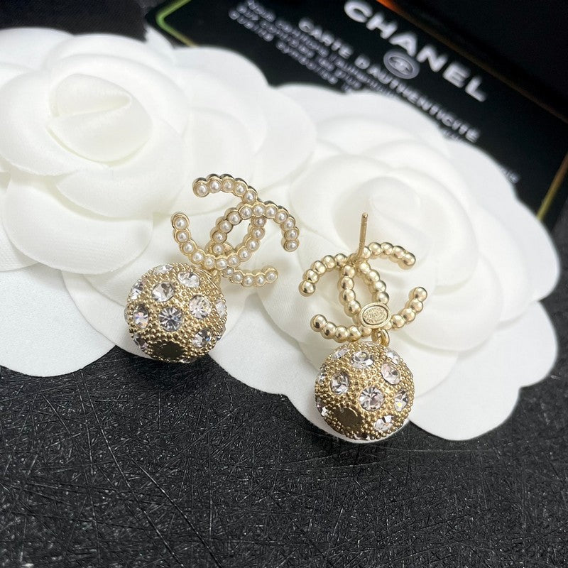 18K Chanel Gold Diamond Ball Earrings
